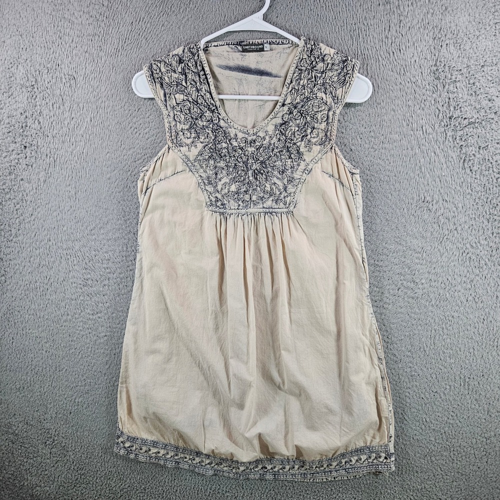 Earthbound Trading Co Womens Small Tan Embroidered Boho Cotton Sleeveless Tunic